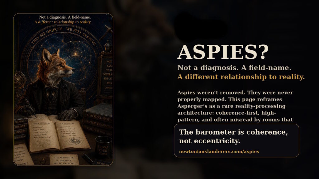 A fox-like Asperger's / Autism seated in a dark symbolic academic study surrounded by maps, books, instruments, and pattern diagrams representing Aspie reality-processing and coherence detection.